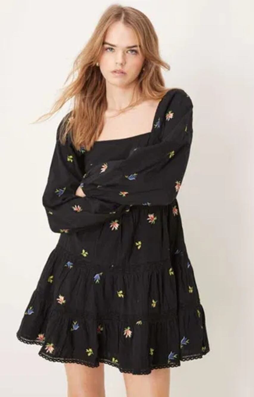 Nobody's Child Whitley Embroidered Long Sleeve Babydoll Mini Dress Black US 2